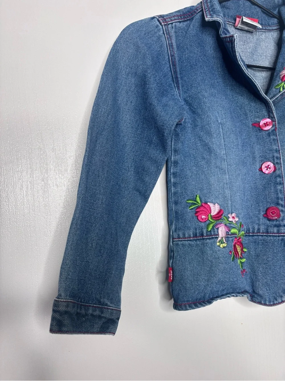 Vintage Y2K Levi's Jeans For Girls Embroidered Floral Denim Blazer Jacket Size 7